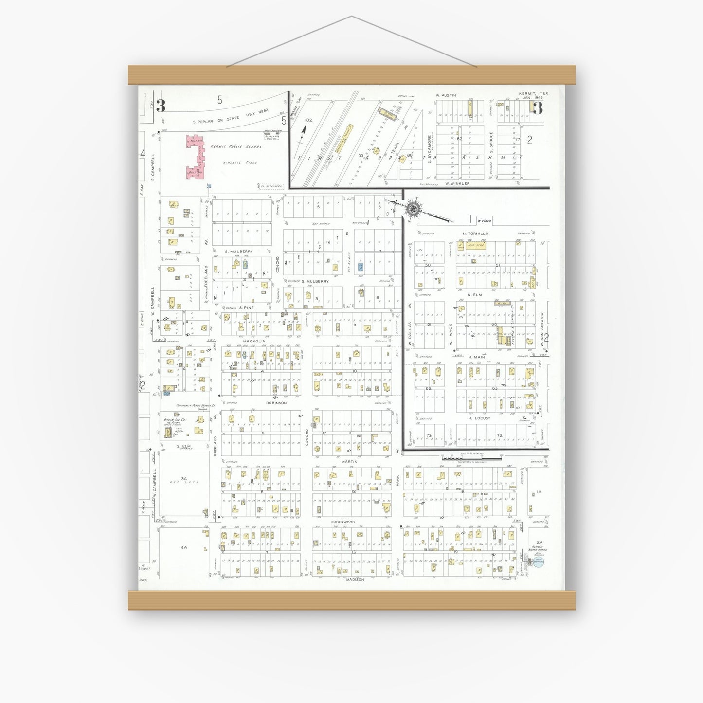 Old map wall art mockup — magnetic wood frame on white wall — Sanborn Fire Insurance Map from Kermit, Winkler County, Texas (1946), Sheet #0003