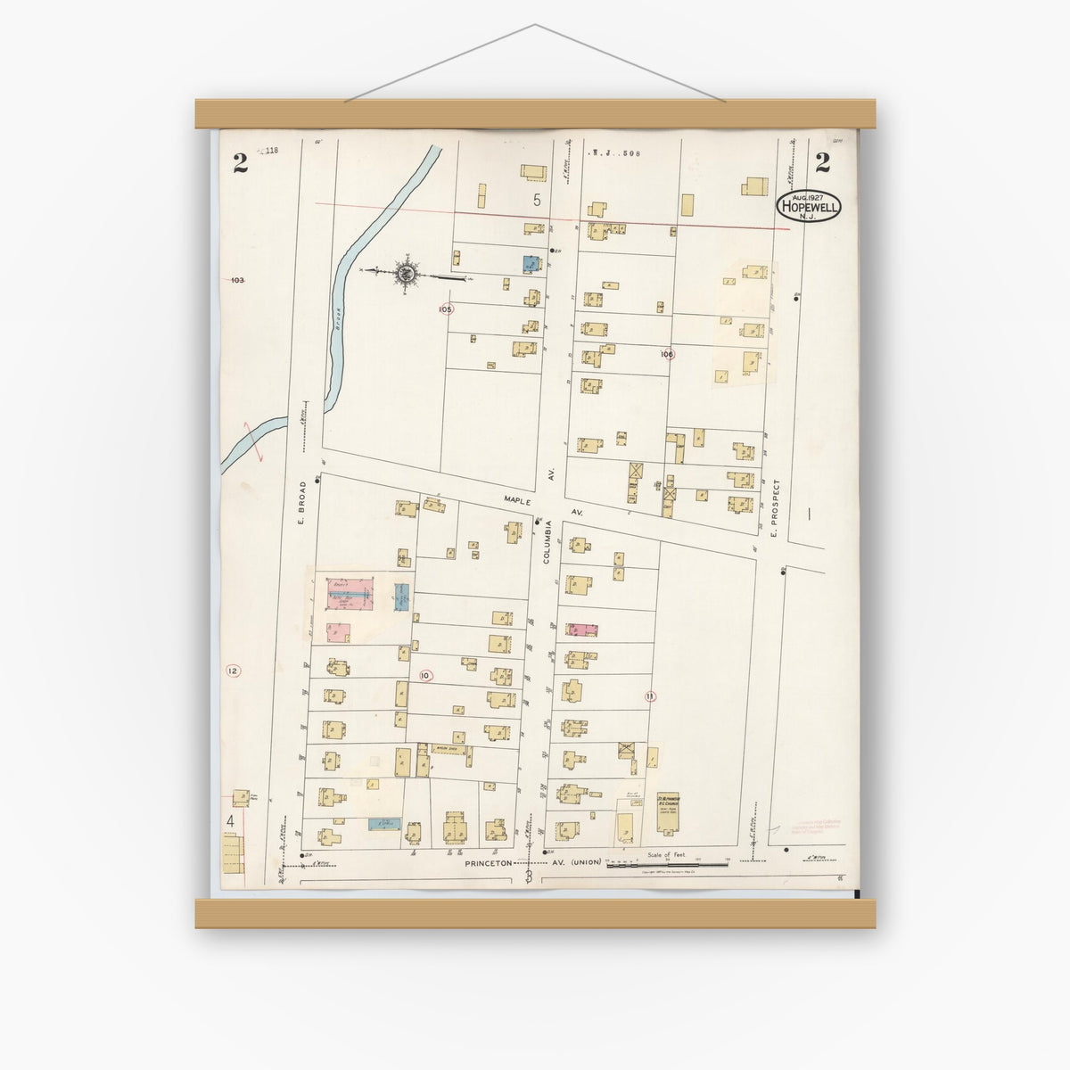 Old map wall art mockup — magnetic wood frame on white wall — Sanborn Fire Insurance Map from Hopewell, Mercer County, New Jersey (1935), Sheet #0002