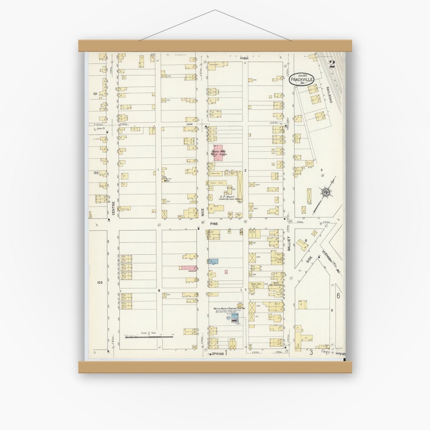 Old map wall art mockup — magnetic wood frame on white wall — Sanborn Fire Insurance Map from Frackville, Schuylkill County, Pennsylvania (1912), Sheet #0002