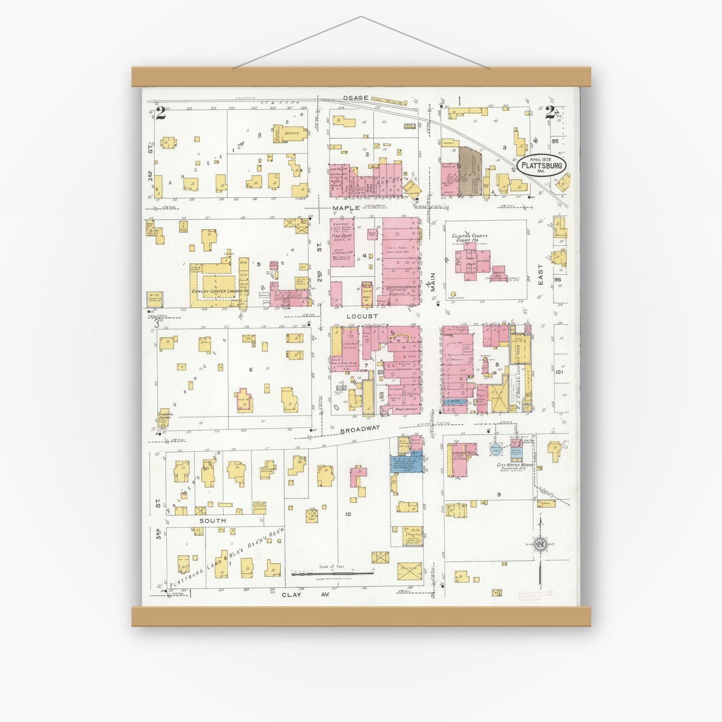 Old map wall art mockup — magnetic wood frame on white wall — Sanborn Fire Insurance Map from Plattsburg, Clinton County, Missouri (1926), Sheet #0002