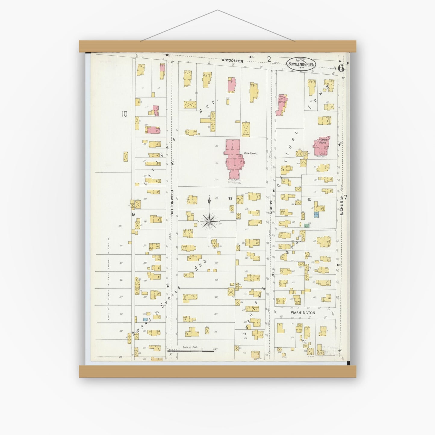 Old map wall art mockup — magnetic wood frame on white wall — Sanborn Fire Insurance Map from Bowling Green, Wood County, Ohio (1900), Sheet #0006