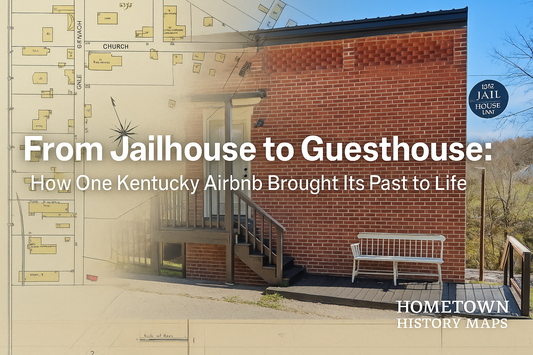 Composite image of the 1902 Jailhouse Inn in Sadieville, Kentucky alongside a 1908 Sanborn Fire Insurance Map, printed by Hometown History Maps to illustrate the story of connecting local history to modern spaces