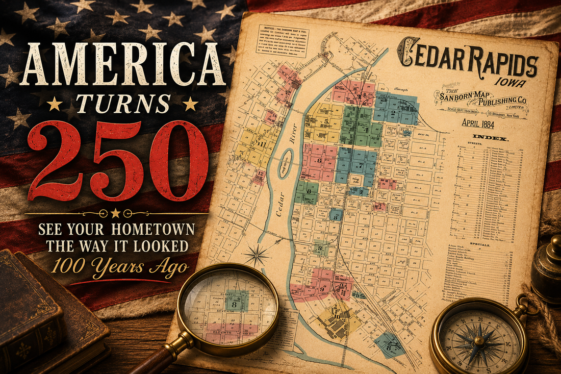 Vintage patriotic America 250 blog banner featuring a historic Cedar Rapids Iowa Sanborn Fire Insurance Map over a faded American flag background with antique compass, magnifying glass, and nostalgic hometown history styling.
