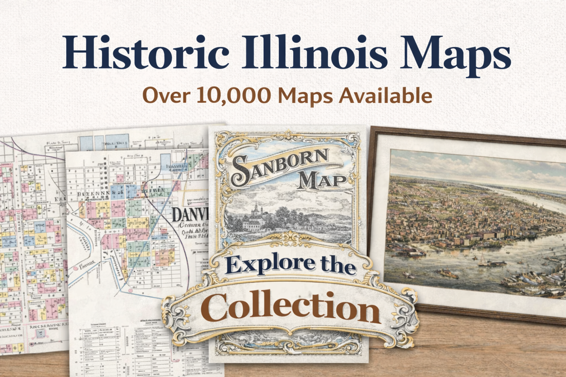 Historic Illinois Maps collection banner – over 10,000 old Illinois maps including Sanborn Fire Insurance Maps and vintage bird’s-eye view town maps