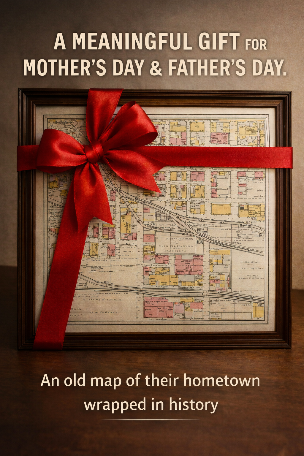 Meaningful Mother’s Day and Father’s Day gift featuring a framed historic Sanborn Fire Insurance Map example wrapped in a red bow – old map of their hometown from HometownHistoryMaps.com