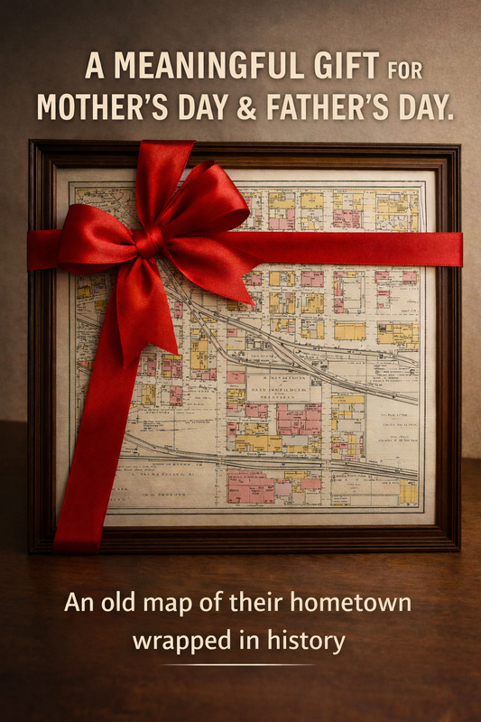 Meaningful Mother’s Day and Father’s Day gift featuring a framed historic Sanborn Fire Insurance Map example wrapped in a red bow – old map of their hometown from HometownHistoryMaps.com