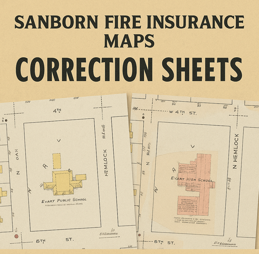 Side-by-side Sanborn Fire Insurance Maps of Evart, Michigan from 1920 and 1942 showing correction sheets applied to update buildings and streets over time — an example of historical map editing featured by Hometown History Maps