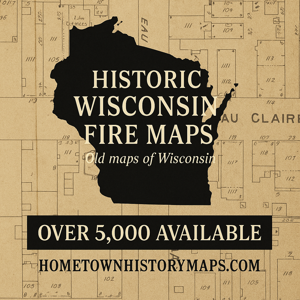 Vintage Wisconsin Sanborn Fire Insurance Map background with black silhouette of Wisconsin state and text promoting historic Wisconsin maps — over 5,000 available at hometownhistorymaps.com