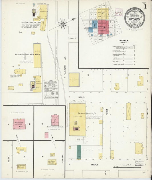 Sanborn Fire Insurance Map from Arcadia, Bienville Parish, Louisiana (1909), Sheet #0001 - Complete Map Set gallery image, historic Sanborn map, vintage wall art, Louisiana Louisiana