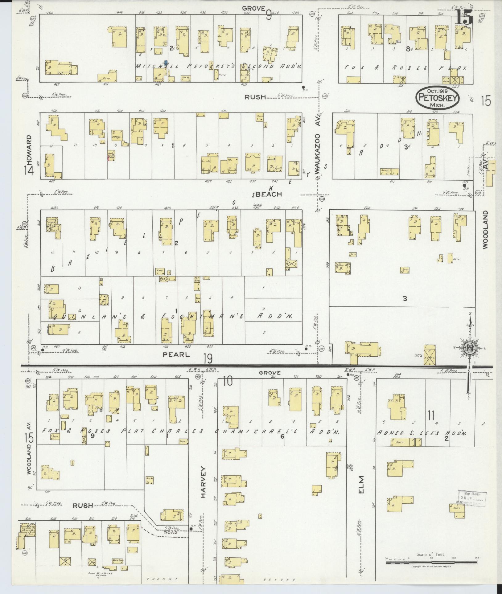 Sanborn Fire Insurance Map from Petoskey, Emmet County, Michigan (1919), Sheet #0015 - Historic Sanborn Fire Insurance Map Print, vintage old map wall art, antique decor, genealogy gift, Michigan Michigan map