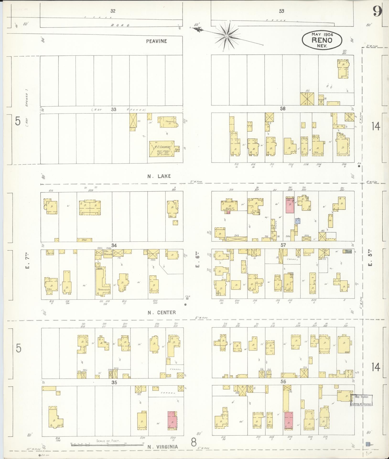 Sanborn Fire Insurance Map from Reno, Washoe County, Nevada (1904), Sheet #0009 - Historic Sanborn Fire Insurance Map Print, vintage old map wall art, antique decor, genealogy gift, Nevada Nevada map