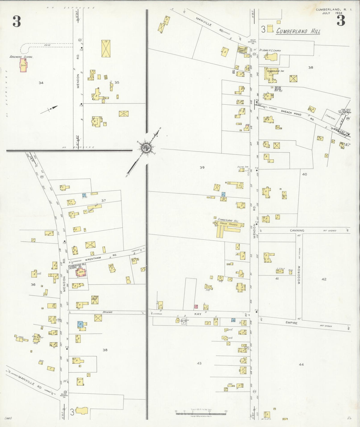 Sanborn Fire Insurance Map from Cumberland, Providence County, Rhode Island (1934), Sheet #0003 - Historic Sanborn Fire Insurance Map Print, vintage old map wall art, antique decor, genealogy gift, Rhode Island Rhode Island map