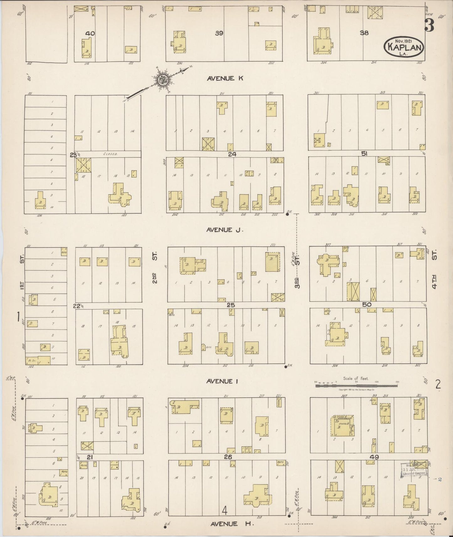 Sanborn Fire Insurance Map from Kaplan, Vermilion Parish, Louisiana (1921), Sheet #0003 - Complete Map Set gallery image, historic Sanborn map, vintage wall art, Louisiana Louisiana