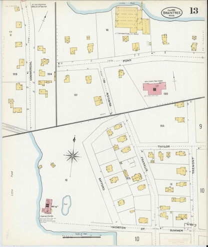 Sanborn Fire Insurance Map from Braintree, Norfolk County, Massachusetts (1906), Sheet #0013 - Historic Sanborn Fire Insurance Map Print, vintage old map wall art, antique decor, genealogy gift, Massachusetts Massachusetts map
