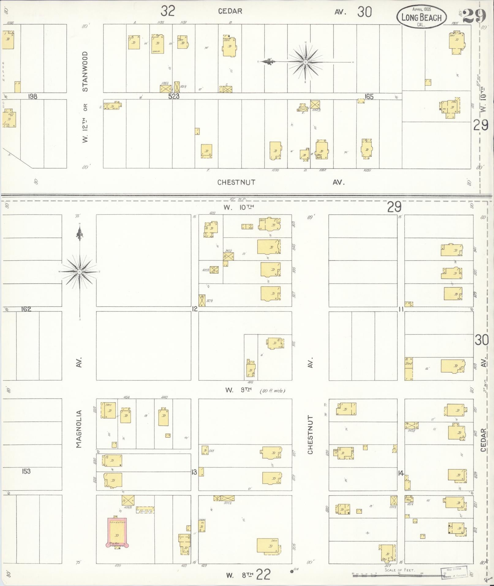 Sanborn Fire Insurance Map from Long Beach, Los Angeles County, California (1905), Sheet #0029 - Historic Sanborn Fire Insurance Map Print, vintage old map wall art, antique decor, genealogy gift, California California map
