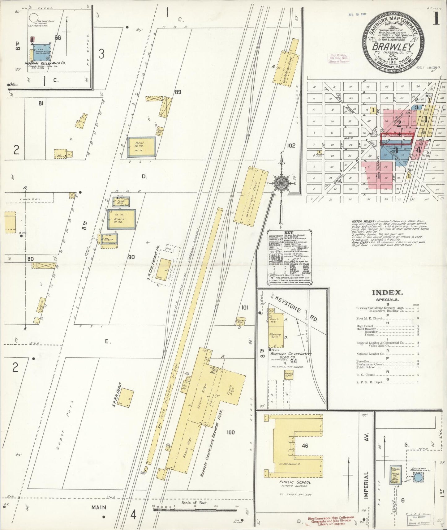Sanborn Fire Insurance Map from Brawley, Imperial County, California (1911), Sheet #0001 - Historic Sanborn Fire Insurance Map Print, vintage old map wall art, antique decor, genealogy gift, California California map