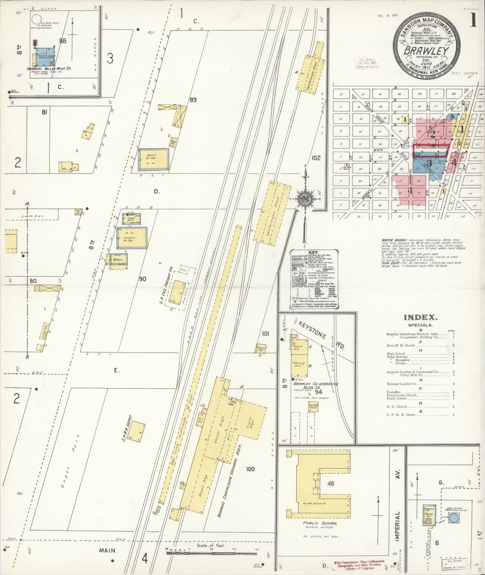 Sanborn Fire Insurance Map from Brawley, Imperial County, California (1911), Sheet #0001 - Historic Sanborn Fire Insurance Map Print, vintage old map wall art, antique decor, genealogy gift, California California map