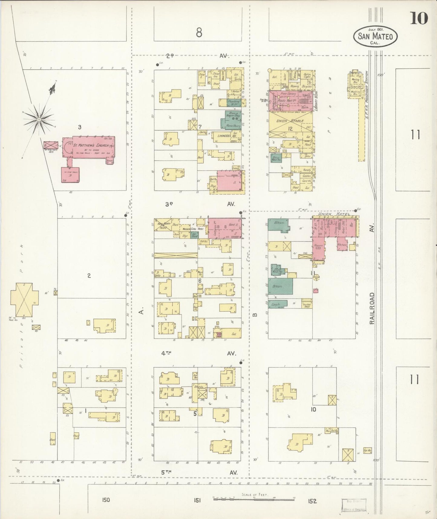 Sanborn Fire Insurance Map from San Mateo, San Mateo County, California (1901), Sheet #0010 - Complete Map Set gallery image, historic Sanborn map, vintage wall art, California California