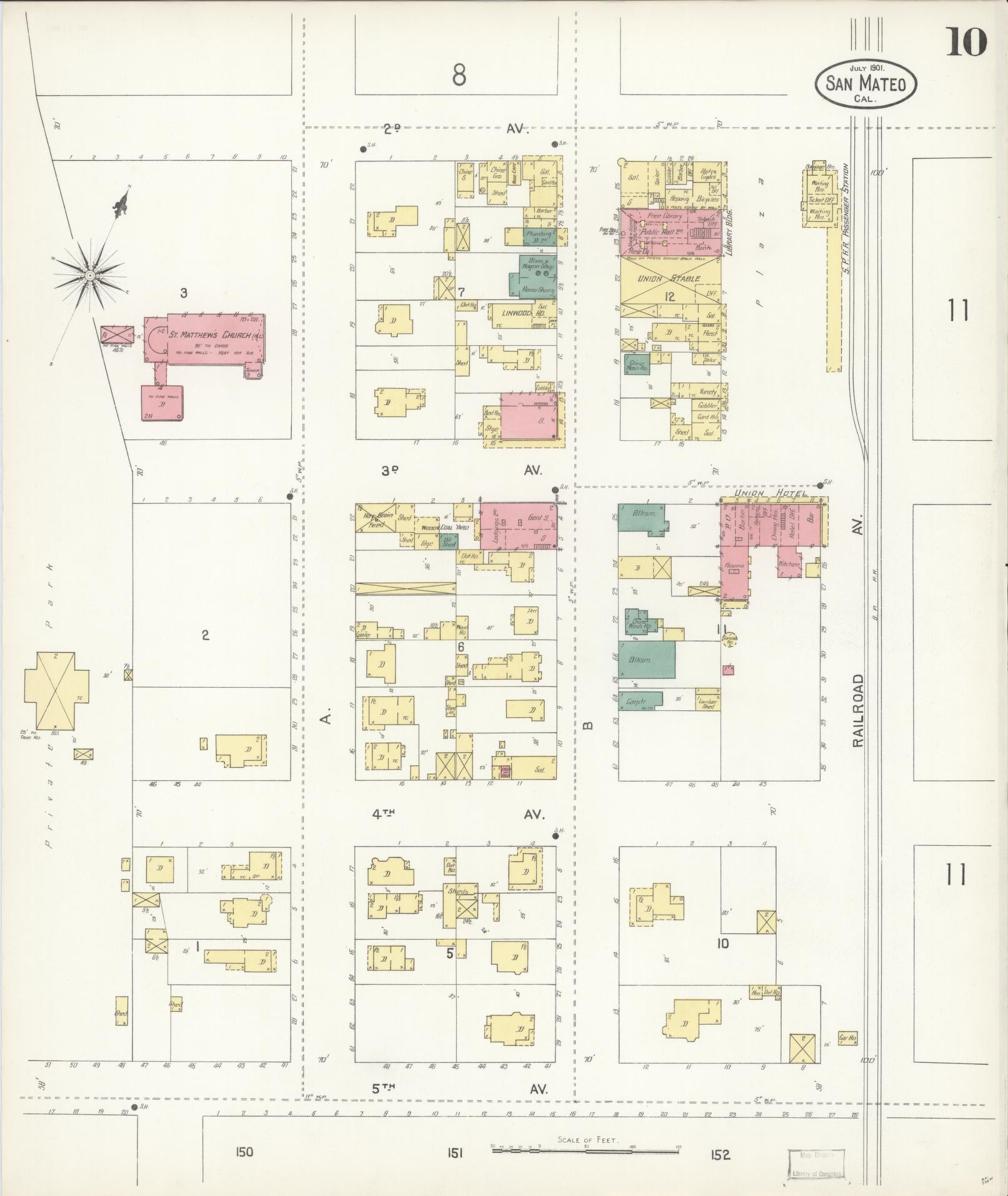 Sanborn Fire Insurance Map from San Mateo, San Mateo County, California (1901), Sheet #0010 - Complete Map Set gallery image, historic Sanborn map, vintage wall art, California California