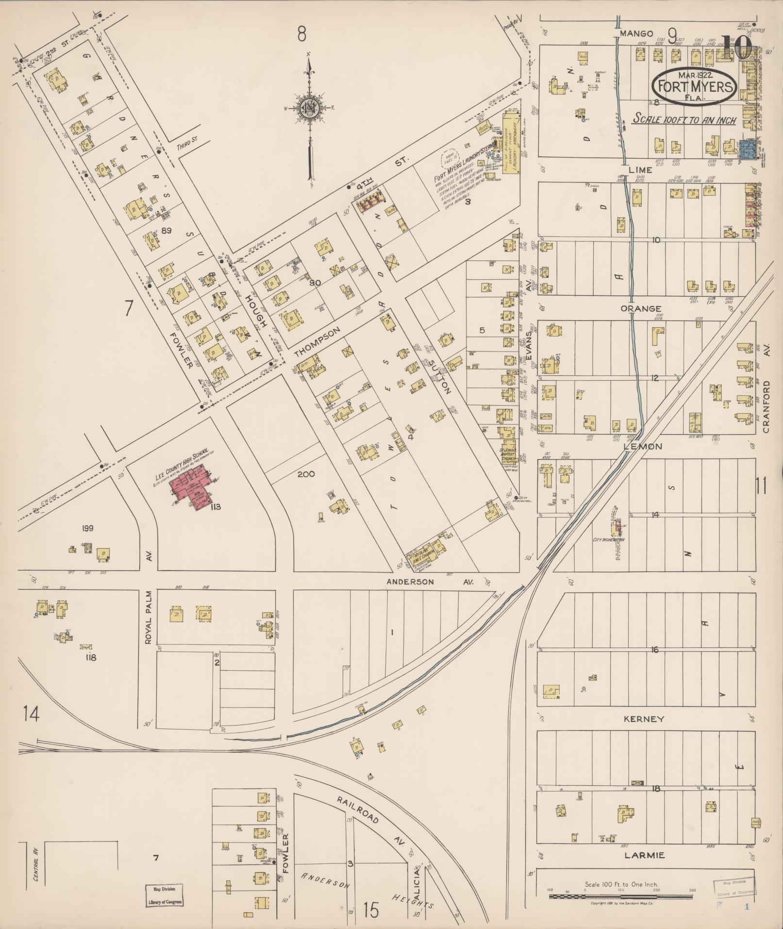 Sanborn Fire Insurance Map from Fort Myers, Lee County, Florida (1922), Sheet #0010 - Historic Sanborn Fire Insurance Map Print, vintage old map wall art, antique decor, genealogy gift, Florida Florida map