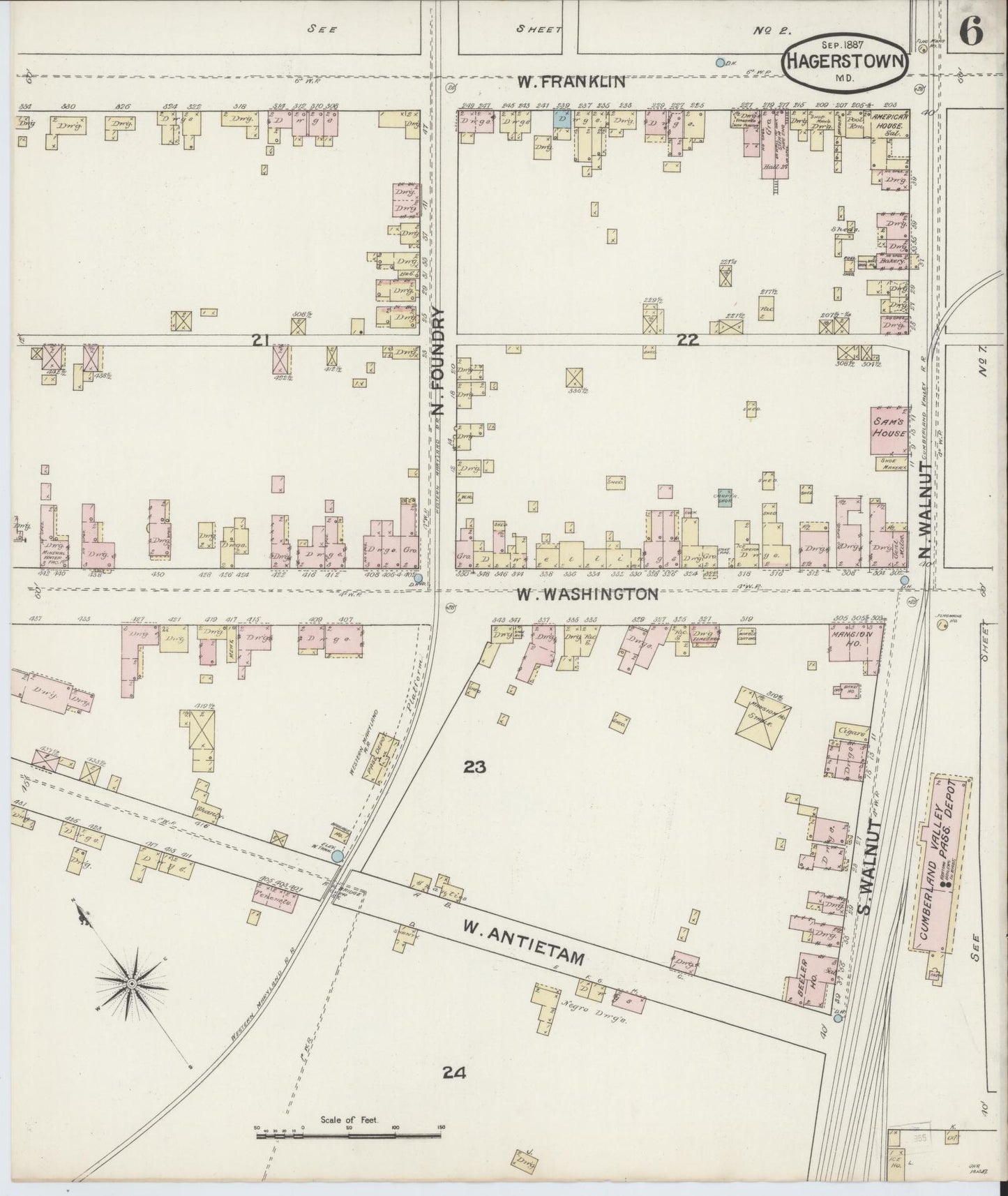 Washington, Maryland - 1887 - Sanborn Fire Insurance Map, Sheet #0006 - Historic Sanborn Fire Insurance Map Print, Washington Maryland 1887 0006 vintage old map wall art