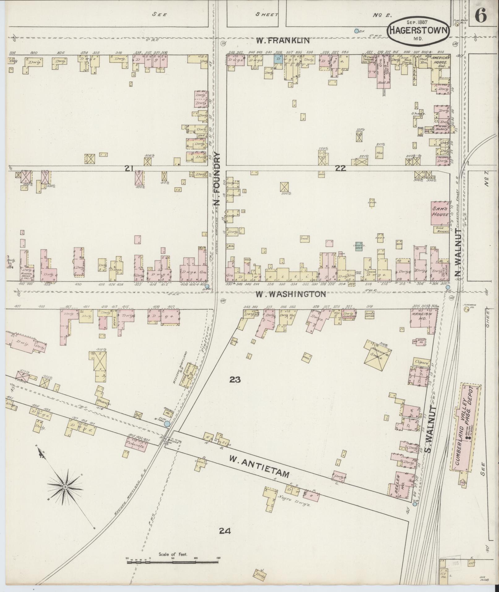 Washington, Maryland - 1887 - Sanborn Fire Insurance Map, Sheet #0006 - Historic Sanborn Fire Insurance Map Print, Washington Maryland 1887 0006 vintage old map wall art