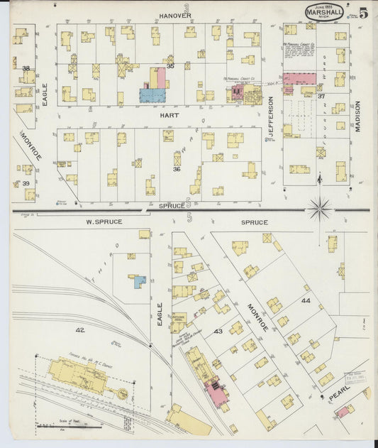 Sanborn Fire Insurance Map from Marshall, Calhoun County, Michigan (1893), Sheet #0005 - Historic Sanborn Fire Insurance Map Print, vintage old map wall art, antique decor, genealogy gift, Michigan Michigan map