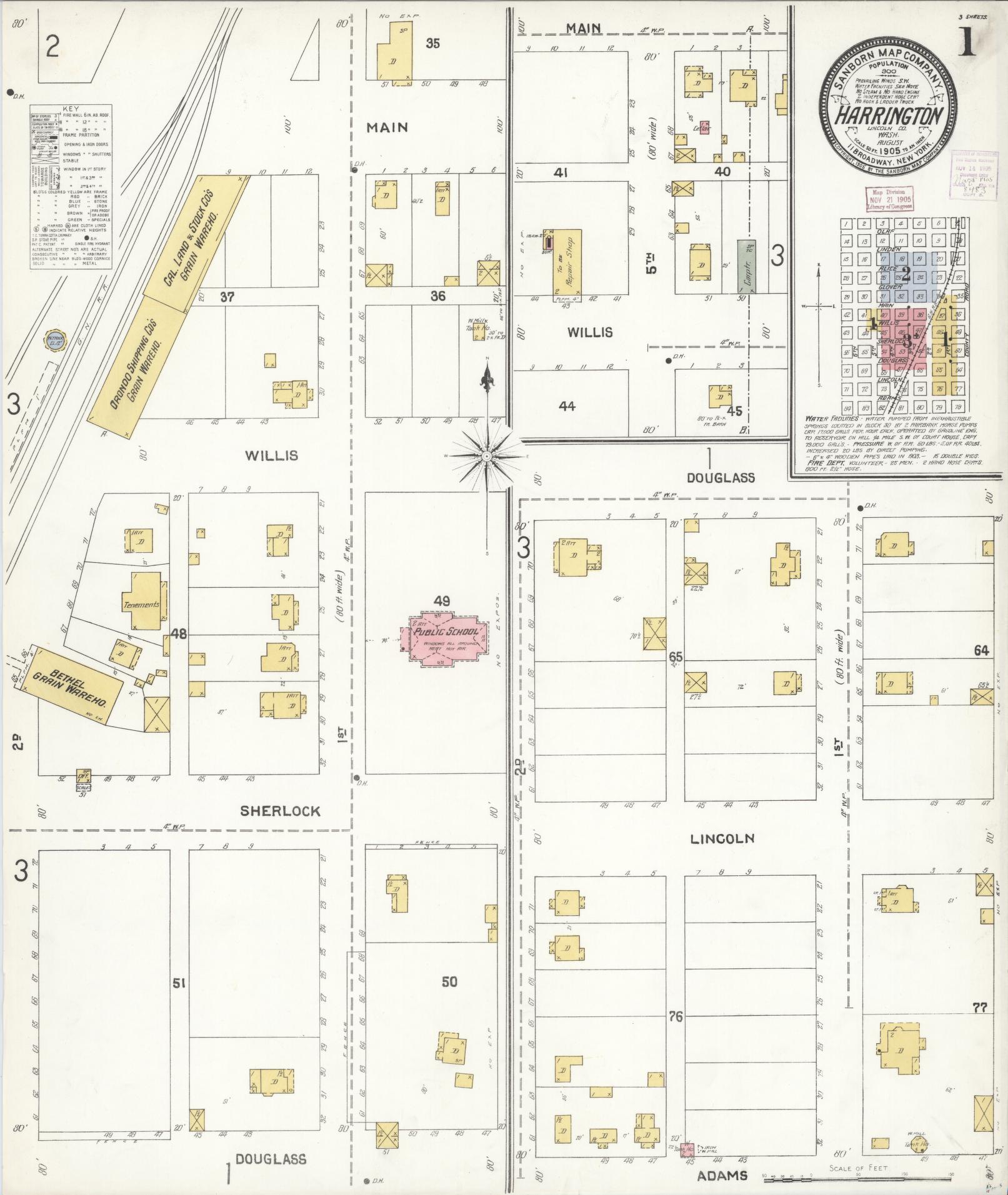 Sanborn Fire Insurance Map from Harrington, Lincoln County, Washington (1905), Sheet #0001 - Complete Map Set gallery image, historic Sanborn map, vintage wall art, Washington Washington