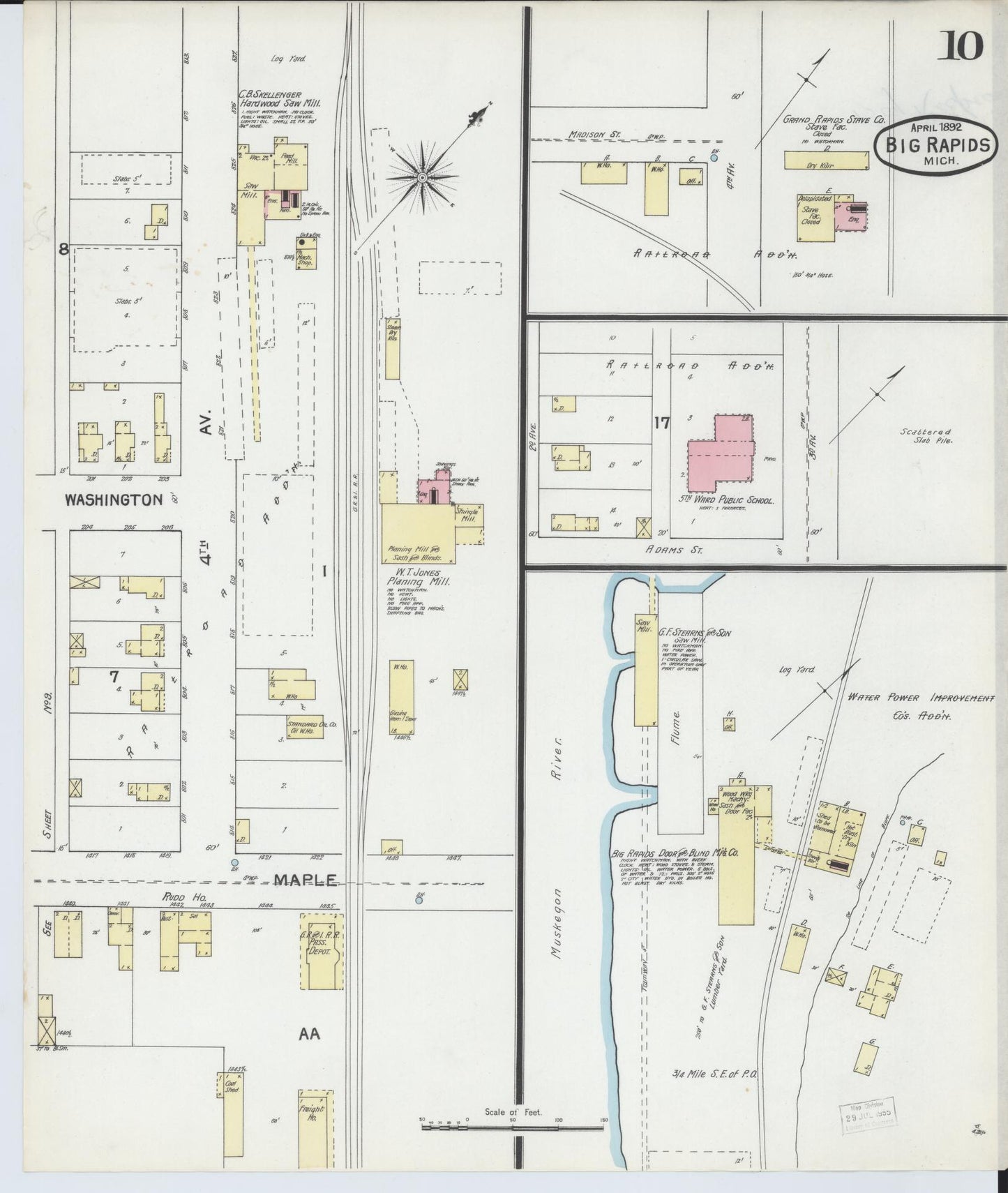 Sanborn Fire Insurance Map from Big Rapids, Mecosta County, Michigan (1892), Sheet #0010 - Historic Sanborn Fire Insurance Map Print, vintage old map wall art, antique decor, genealogy gift, Michigan Michigan map