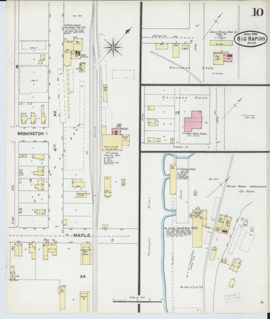 Sanborn Fire Insurance Map from Big Rapids, Mecosta County, Michigan (1892), Sheet #0010 - Historic Sanborn Fire Insurance Map Print, vintage old map wall art, antique decor, genealogy gift, Michigan Michigan map