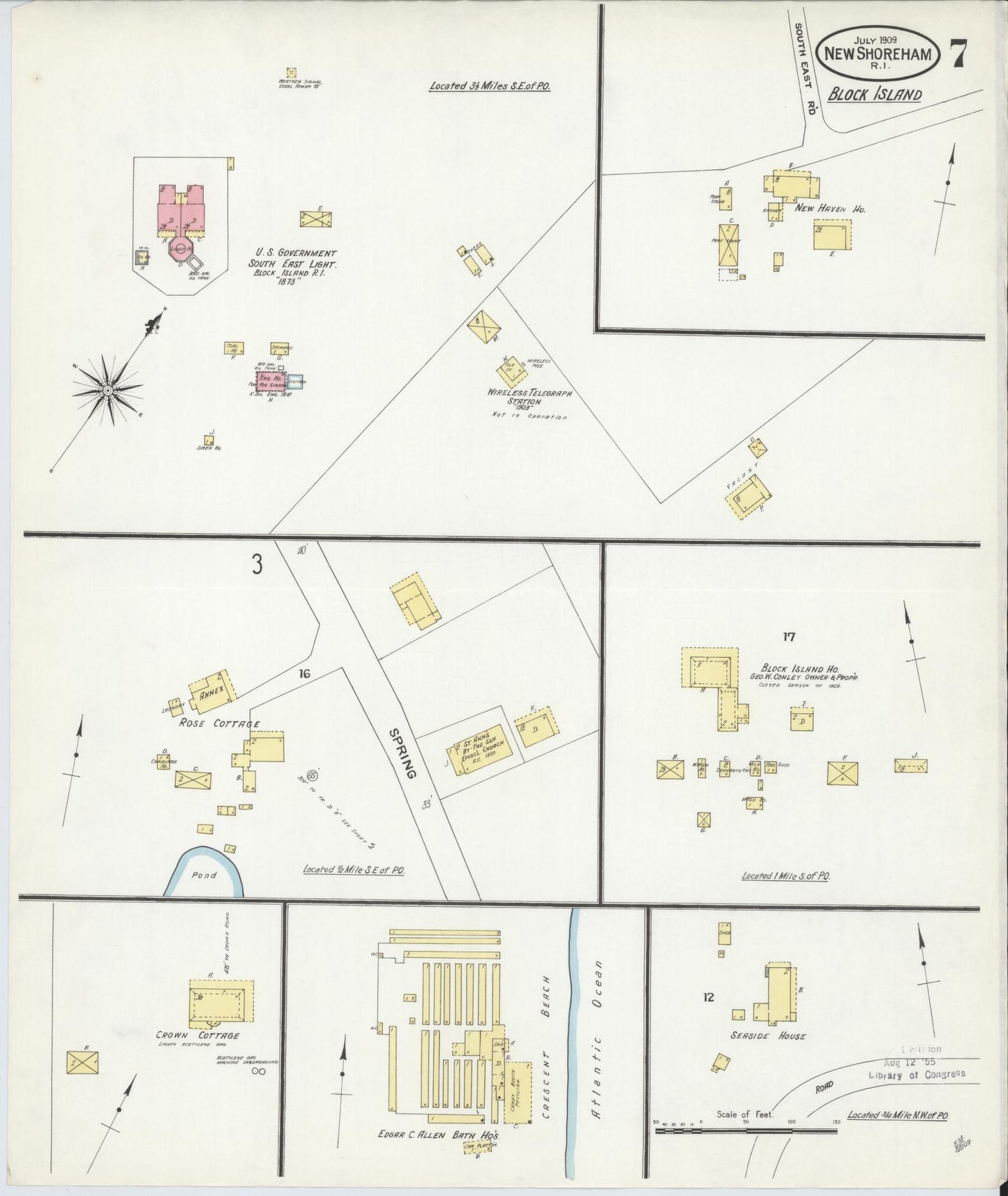 Sanborn Fire Insurance Map from New Shoreham, Newport County, Rhode Island (1909), Sheet #0007 - Historic Sanborn Fire Insurance Map Print, vintage old map wall art, antique decor, genealogy gift, Rhode Island Rhode Island map