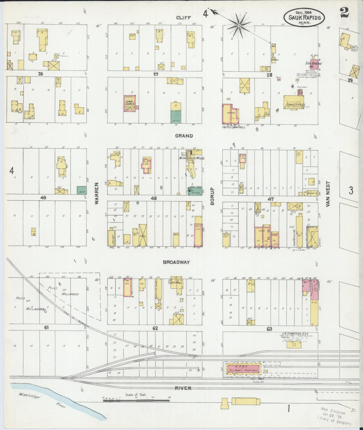 Sanborn Fire Insurance Map from Sauk Rapids, Benton County, Minnesota (1904), Sheet #0002 - Historic Sanborn Fire Insurance Map Print, vintage old map wall art, antique decor, genealogy gift, Minnesota Minnesota map