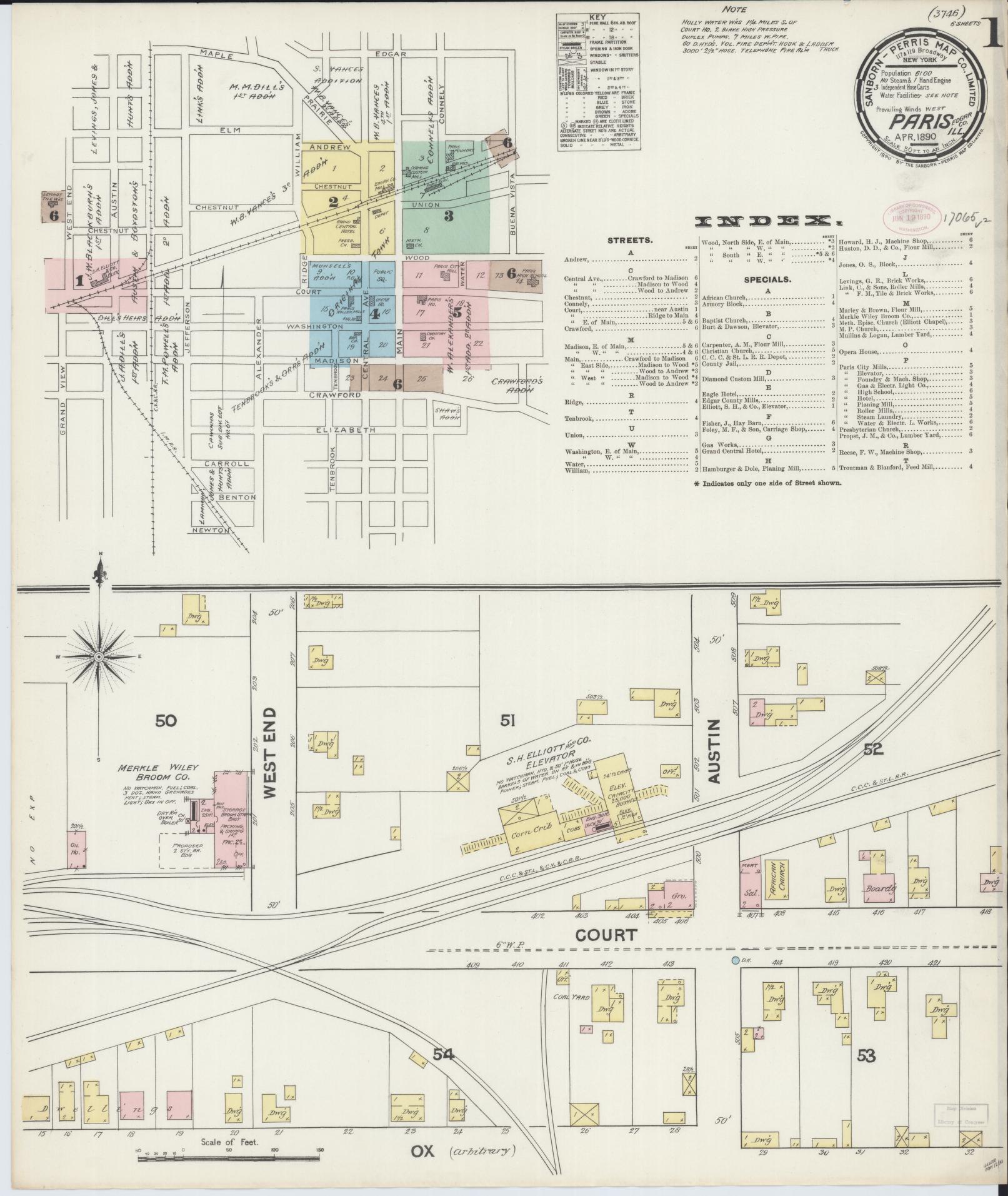 Sanborn Fire Insurance Map from Paris, Edgar County, Illinois (1890), Sheet #0001 - Historic Sanborn Fire Insurance Map Print, vintage old map wall art, antique decor, genealogy gift, Illinois Illinois map
