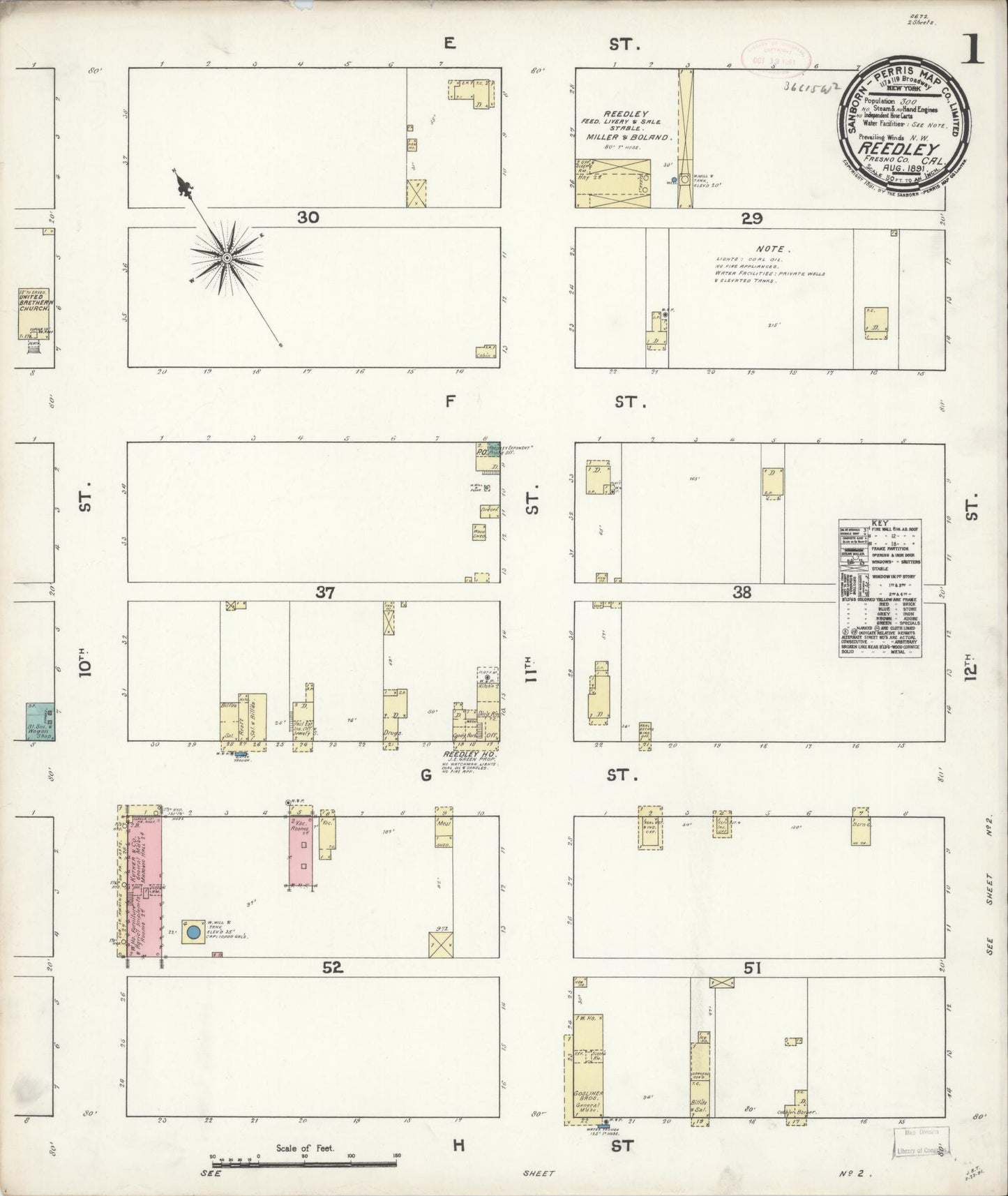 Sanborn Fire Insurance Map from Reedley, Fresno County, California (1891), Sheet #0001 - Complete Map Set gallery image, historic Sanborn map, vintage wall art, California California