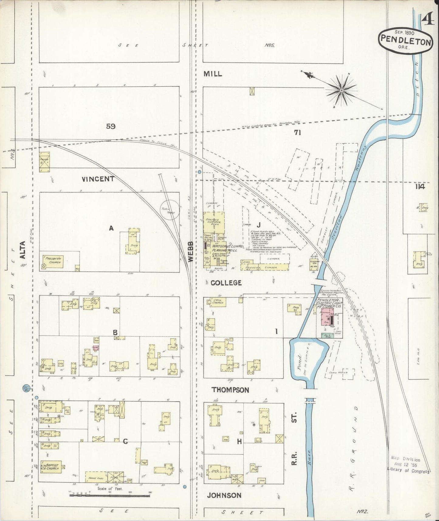 Sanborn Fire Insurance Map from Pendleton, Umatilla County, Oregon (1890), Sheet #0004 - Historic Sanborn Fire Insurance Map Print, vintage old map wall art, antique decor, genealogy gift, Oregon Oregon map