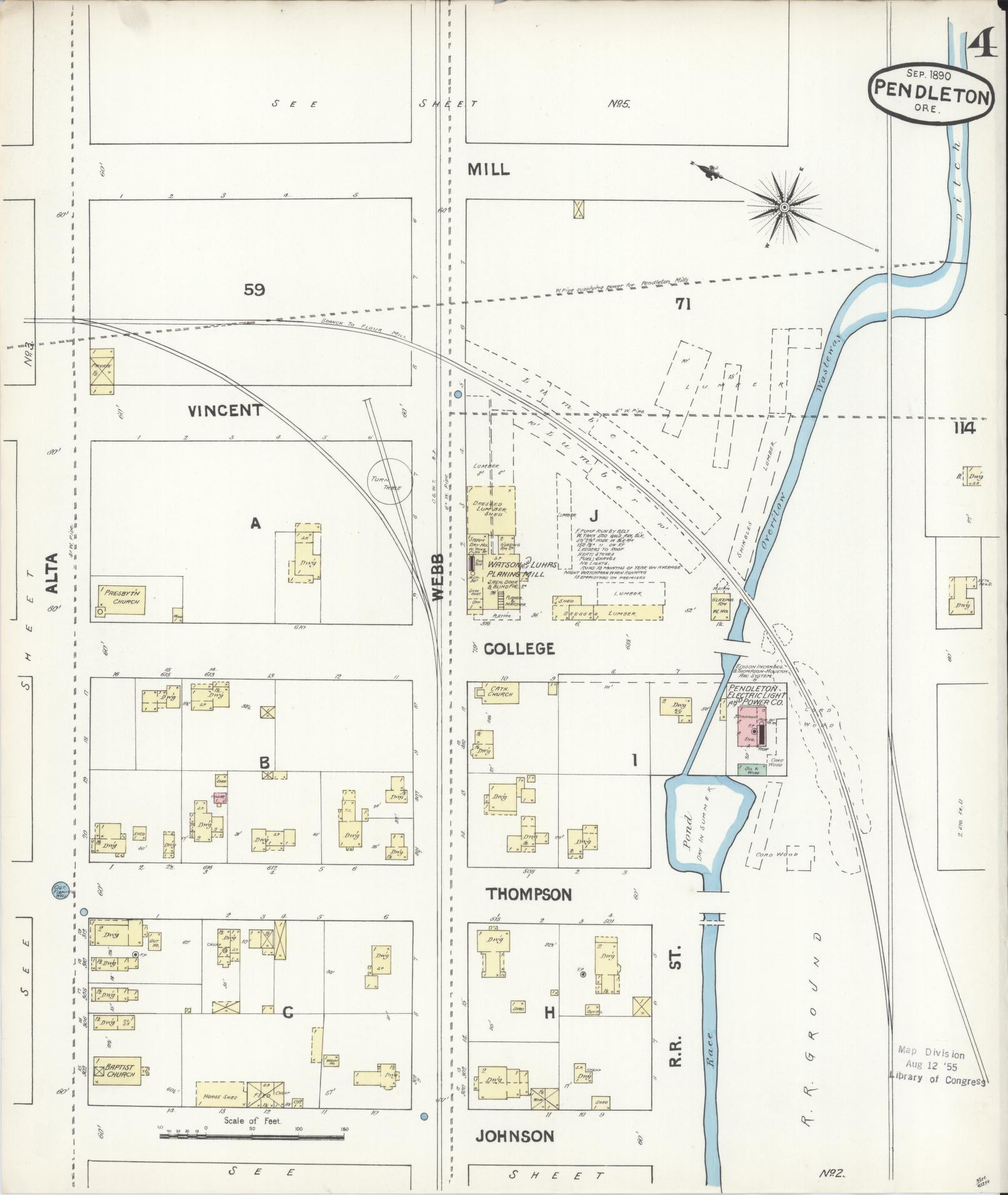 Sanborn Fire Insurance Map from Pendleton, Umatilla County, Oregon (1890), Sheet #0004 - Historic Sanborn Fire Insurance Map Print, vintage old map wall art, antique decor, genealogy gift, Oregon Oregon map