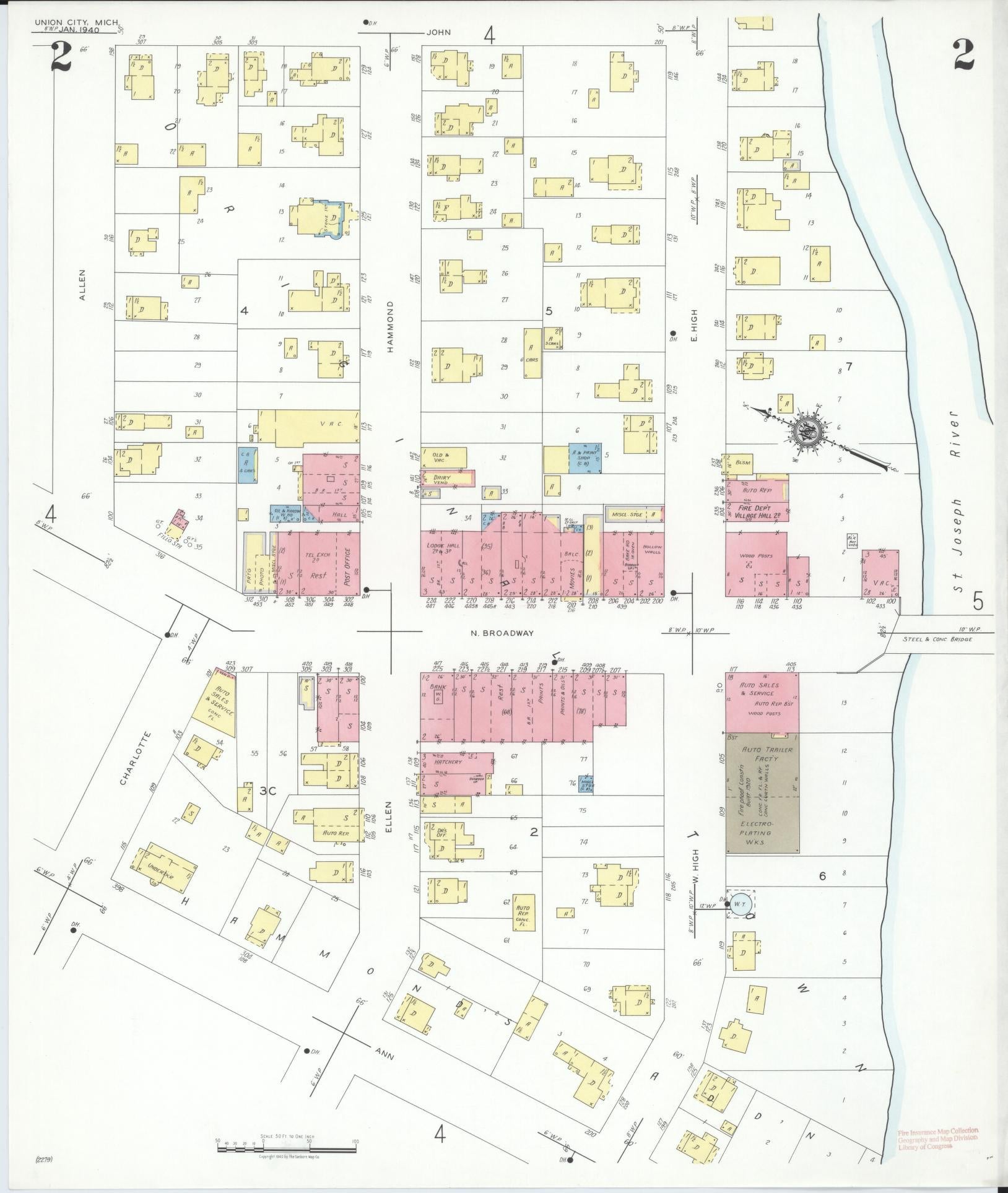 Sanborn Fire Insurance Map from Union City, Branch And Calhoun Counties, Michigan (1940), Sheet #0002 - Complete Map Set gallery image, historic Sanborn map, vintage wall art, Michigan Michigan