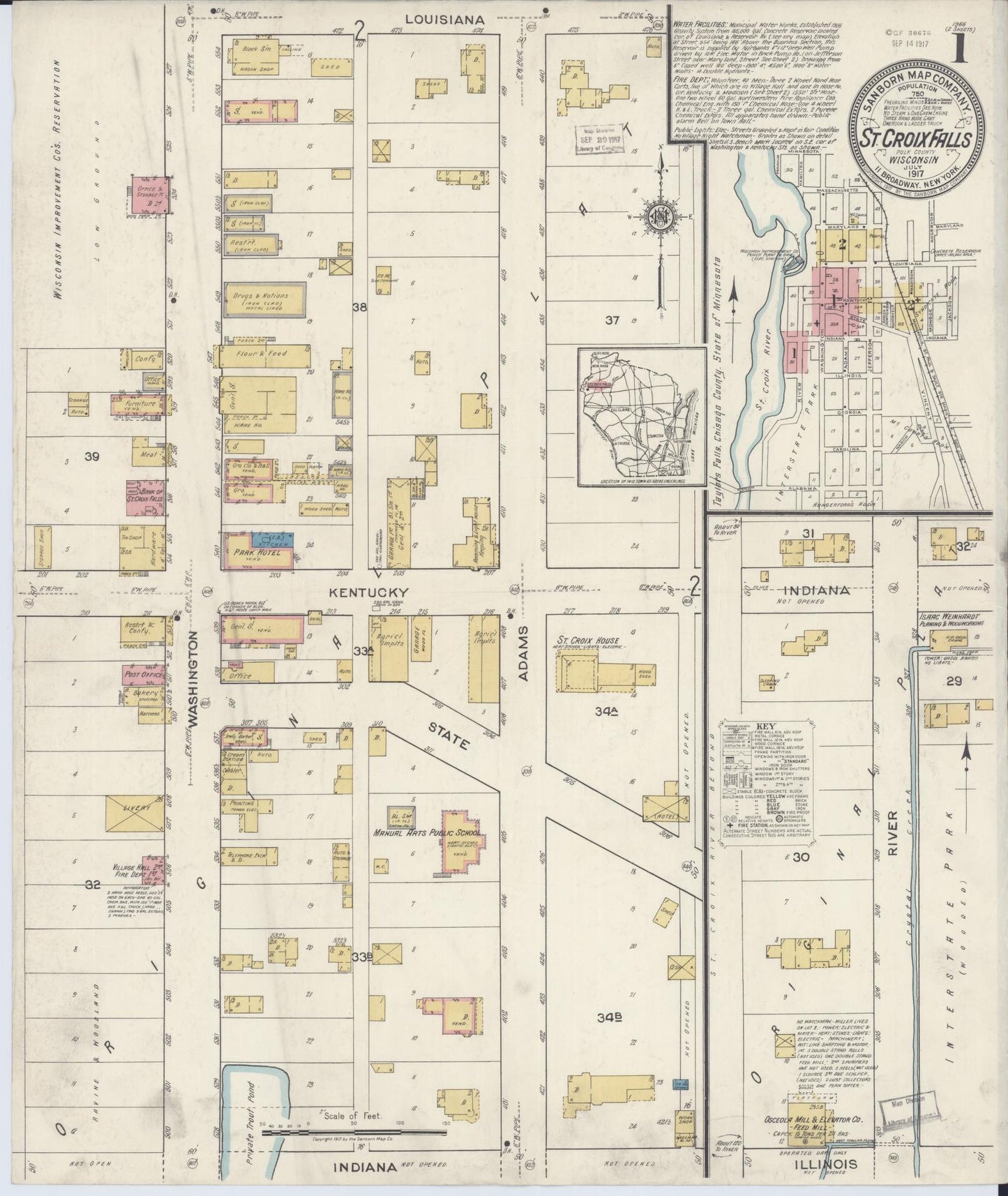 Sanborn Fire Insurance Map from Saint Croix Falls, Polk County, Wisconsin (1917), Sheet #0001 - Complete Map Set gallery image, historic Sanborn map, vintage wall art, Wisconsin Wisconsin