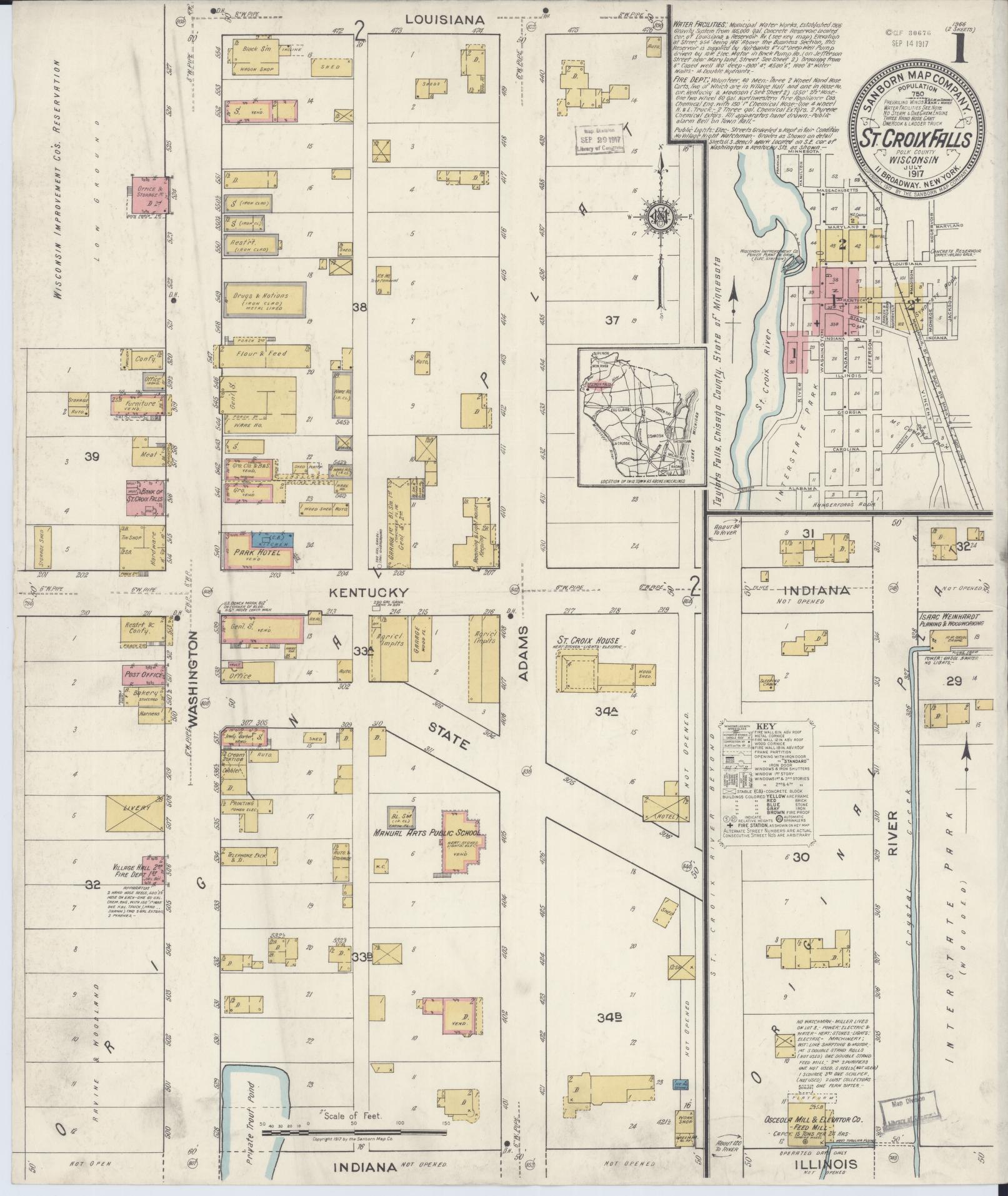 Sanborn Fire Insurance Map from Saint Croix Falls, Polk County, Wisconsin (1917), Sheet #0001 - Complete Map Set gallery image, historic Sanborn map, vintage wall art, Wisconsin Wisconsin