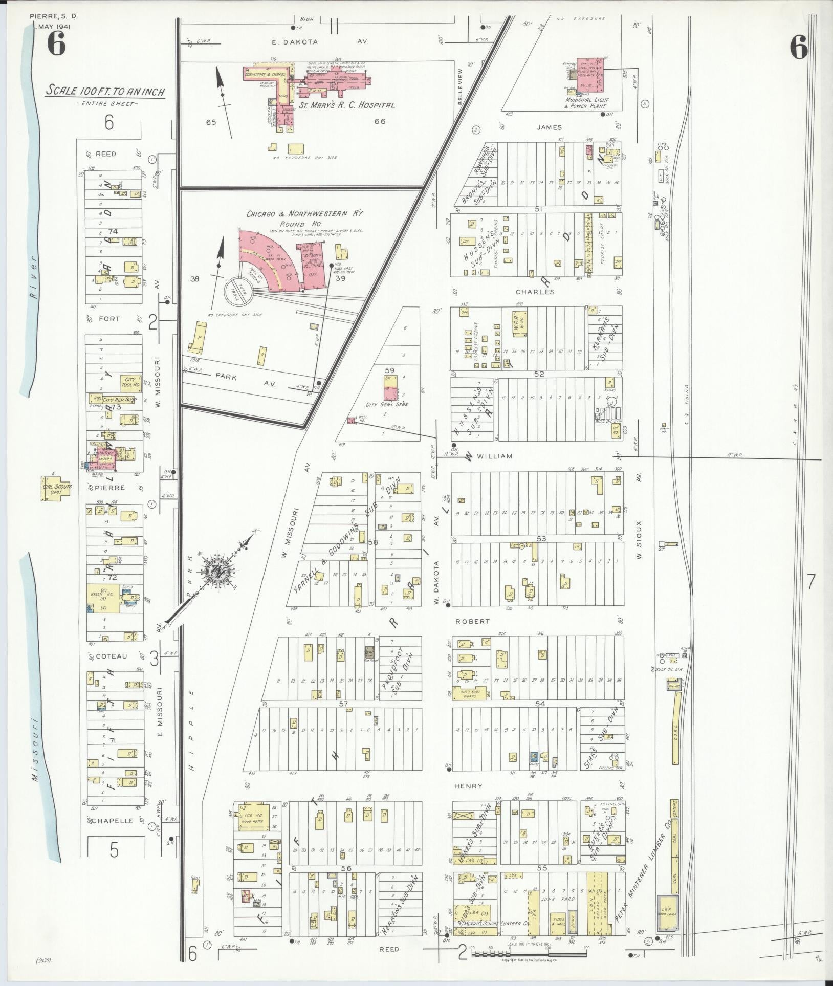Sanborn Fire Insurance Map from Pierre, Hughes County, South Dakota (1941), Sheet #0006 - Historic Sanborn Fire Insurance Map Print, vintage old map wall art, antique decor, genealogy gift, South Dakota South Dakota map