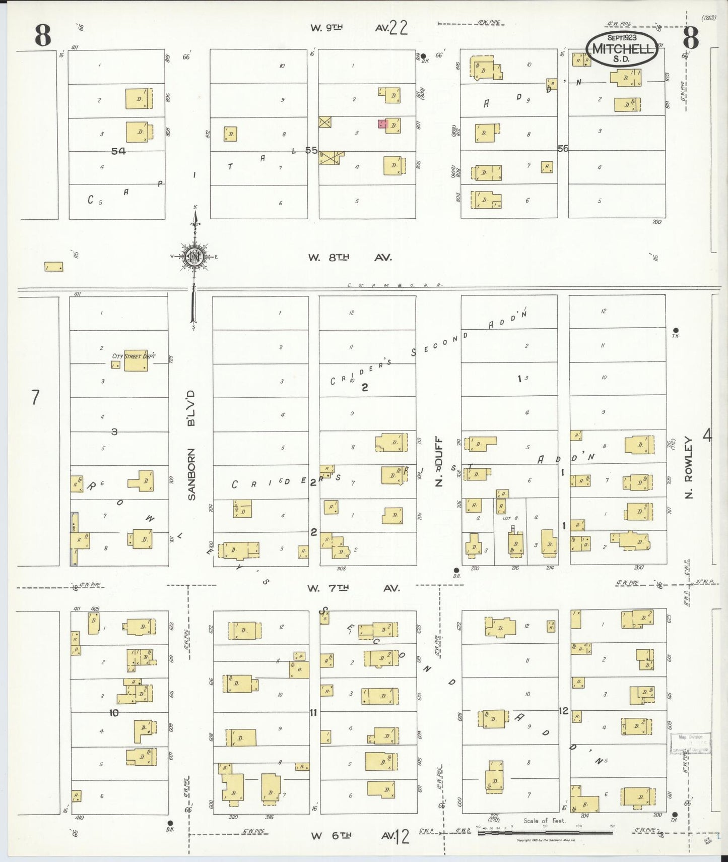 Sanborn Fire Insurance Map from Mitchell, Davison County, South Dakota (1923), Sheet #0008 - Complete Map Set gallery image, historic Sanborn map, vintage wall art, South Dakota South Dakota
