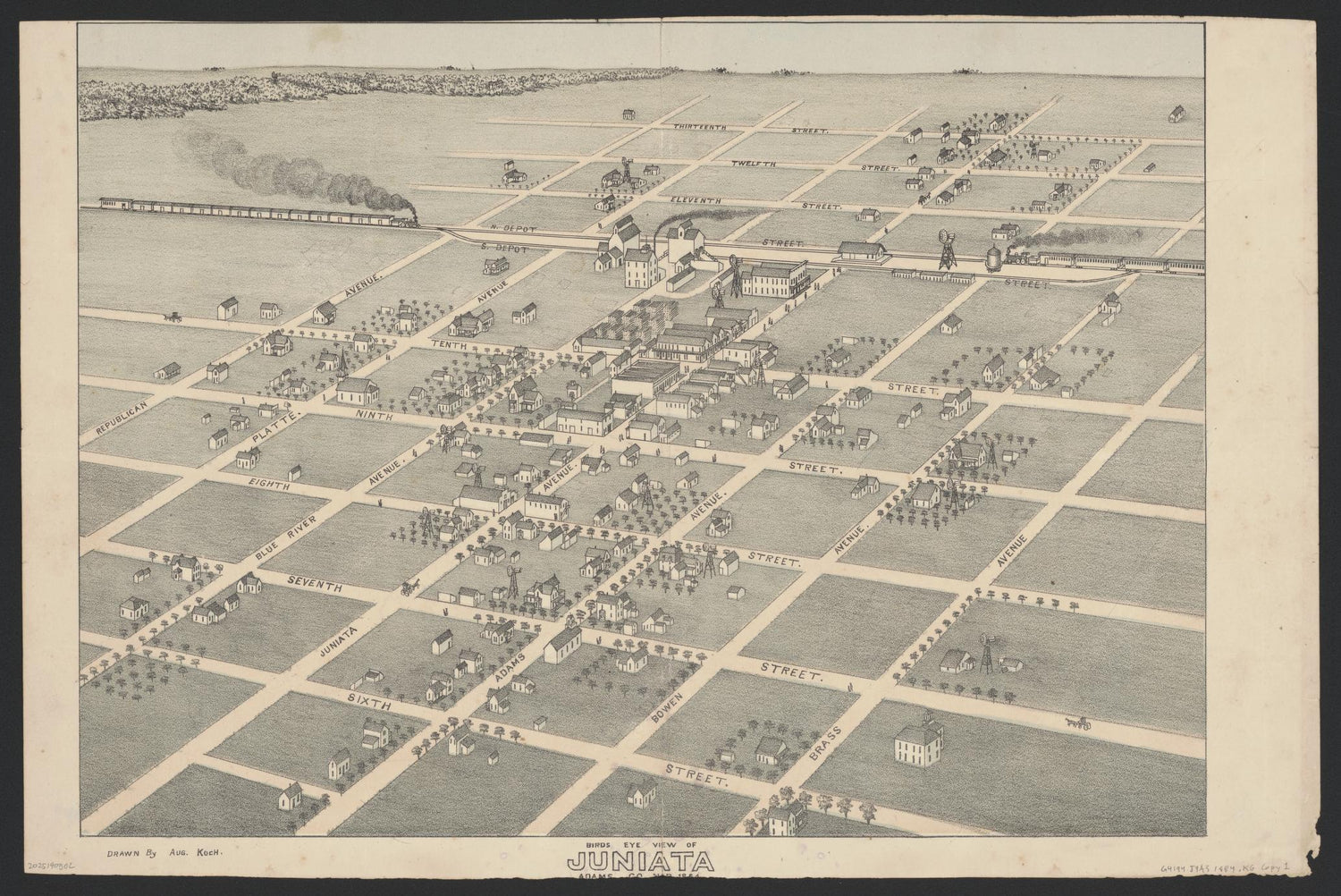 Birds eye view of Juniata : Adams Co. Neb. 1884 (1884) – Historic Bird’s-Eye View Panorama Print
