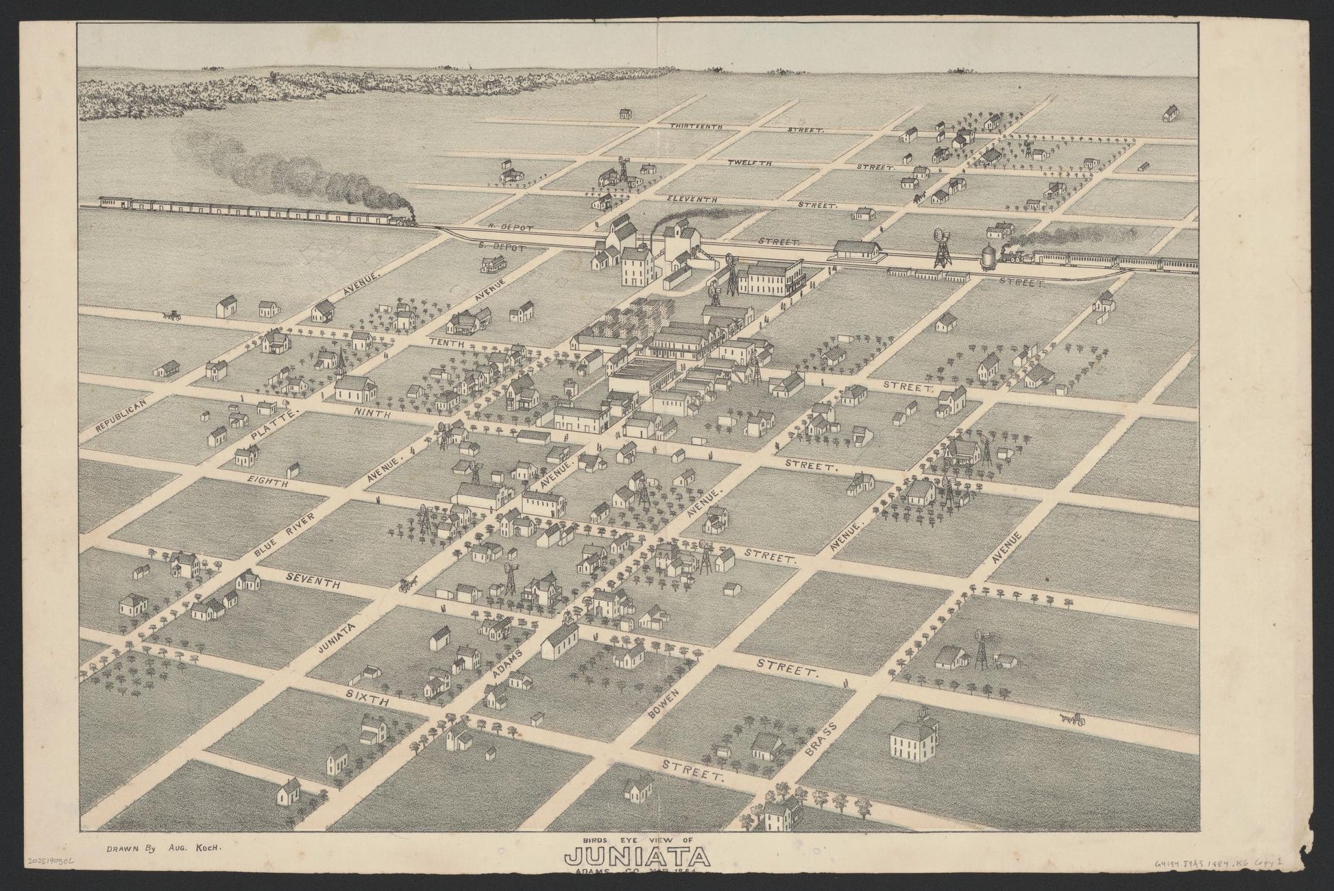 Birds eye view of Juniata : Adams Co. Neb. 1884 (1884) – Historic Bird’s-Eye View Panorama Print