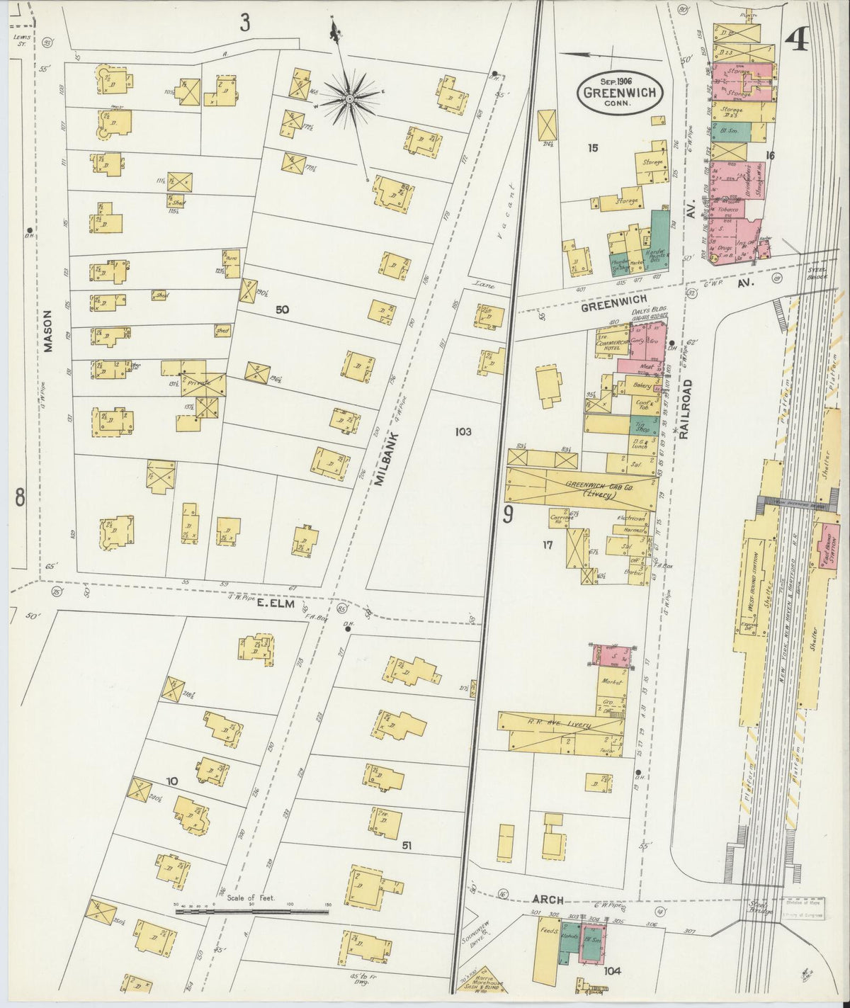 Sanborn Fire Insurance Map from Greenwich, Fairfield County, Connecticut (1906), Sheet #0004 - Historic Sanborn Fire Insurance Map Print, vintage old map wall art, antique decor, genealogy gift, Connecticut Connecticut map