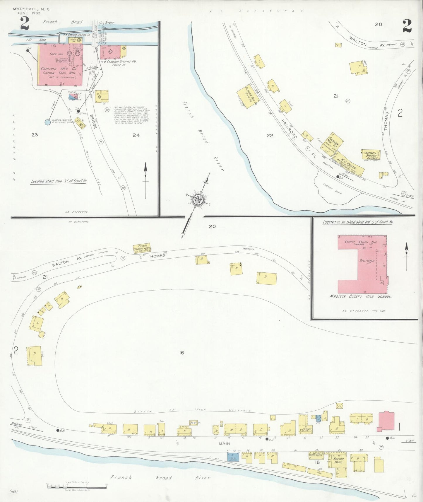 Sanborn Fire Insurance Map from Marshall, Madison County, North Carolina (1933), Sheet #0002 - Complete Map Set gallery image, historic Sanborn map, vintage wall art, North Carolina North Carolina
