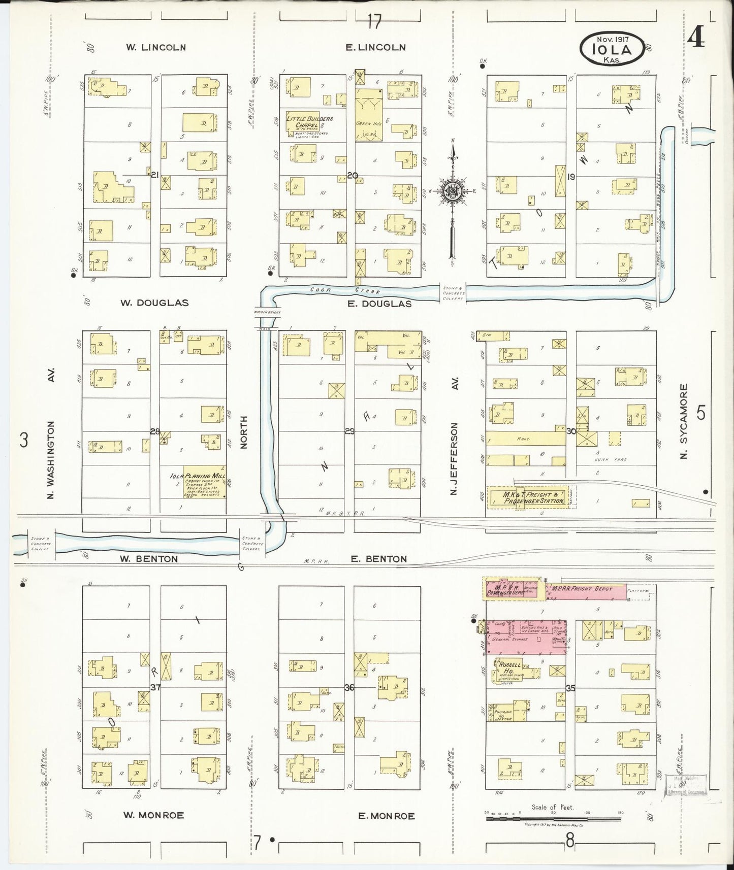 Sanborn Fire Insurance Map from Iola, Allen County, Kansas (1917), Sheet #0004 - Complete Map Set gallery image, historic Sanborn map, vintage wall art, Kansas Kansas