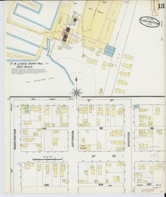Sanborn Fire Insurance Map from Ludington, Mason County, Michigan (1890), Sheet #0013 - Historic Sanborn Fire Insurance Map Print, vintage old map wall art, antique decor, genealogy gift, Michigan Michigan map