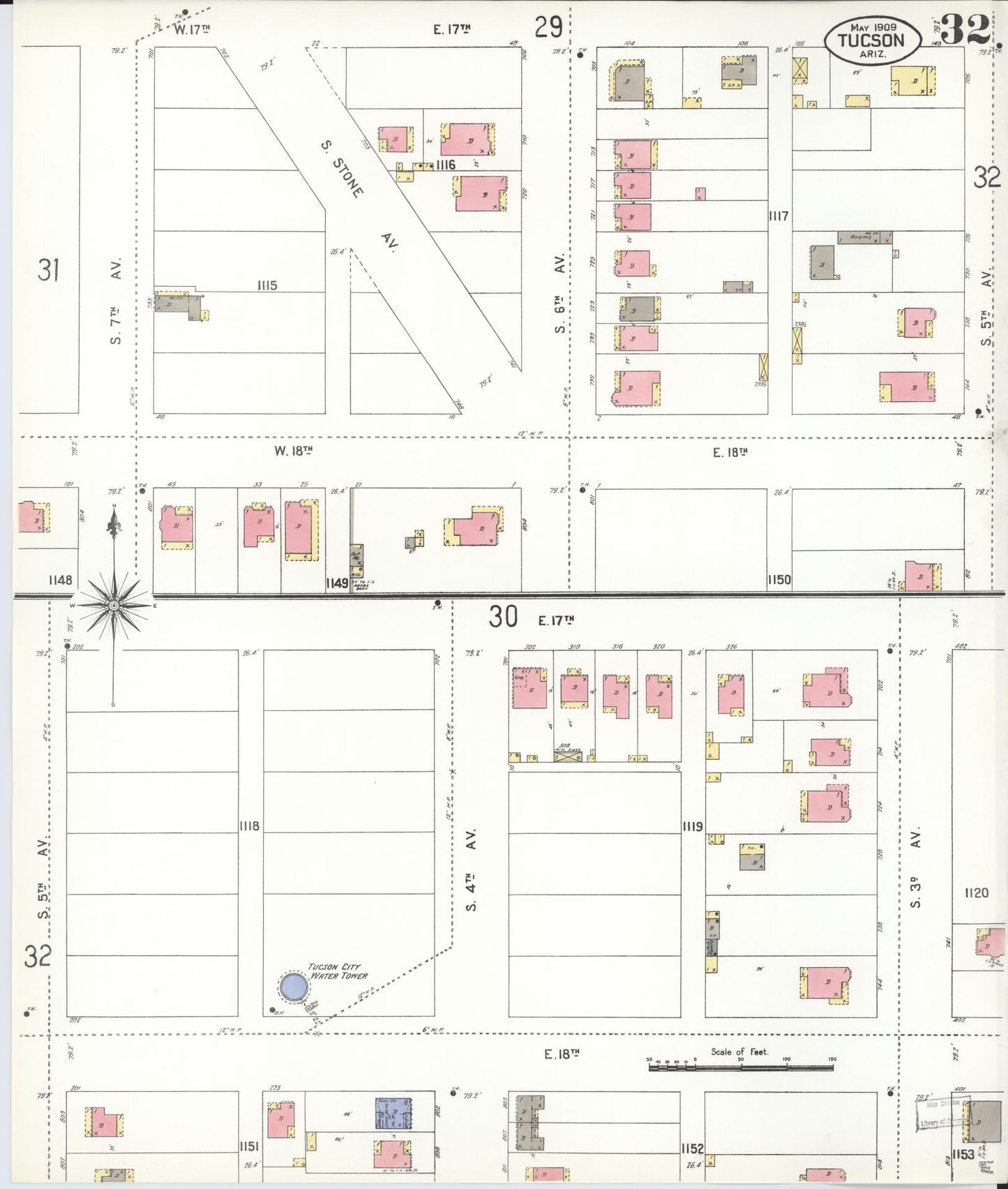 Sanborn Fire Insurance Map from Tucson, Pima County, Arizona (1909), Sheet #0032 - Complete Map Set gallery image, historic Sanborn map, vintage wall art, Arizona Arizona