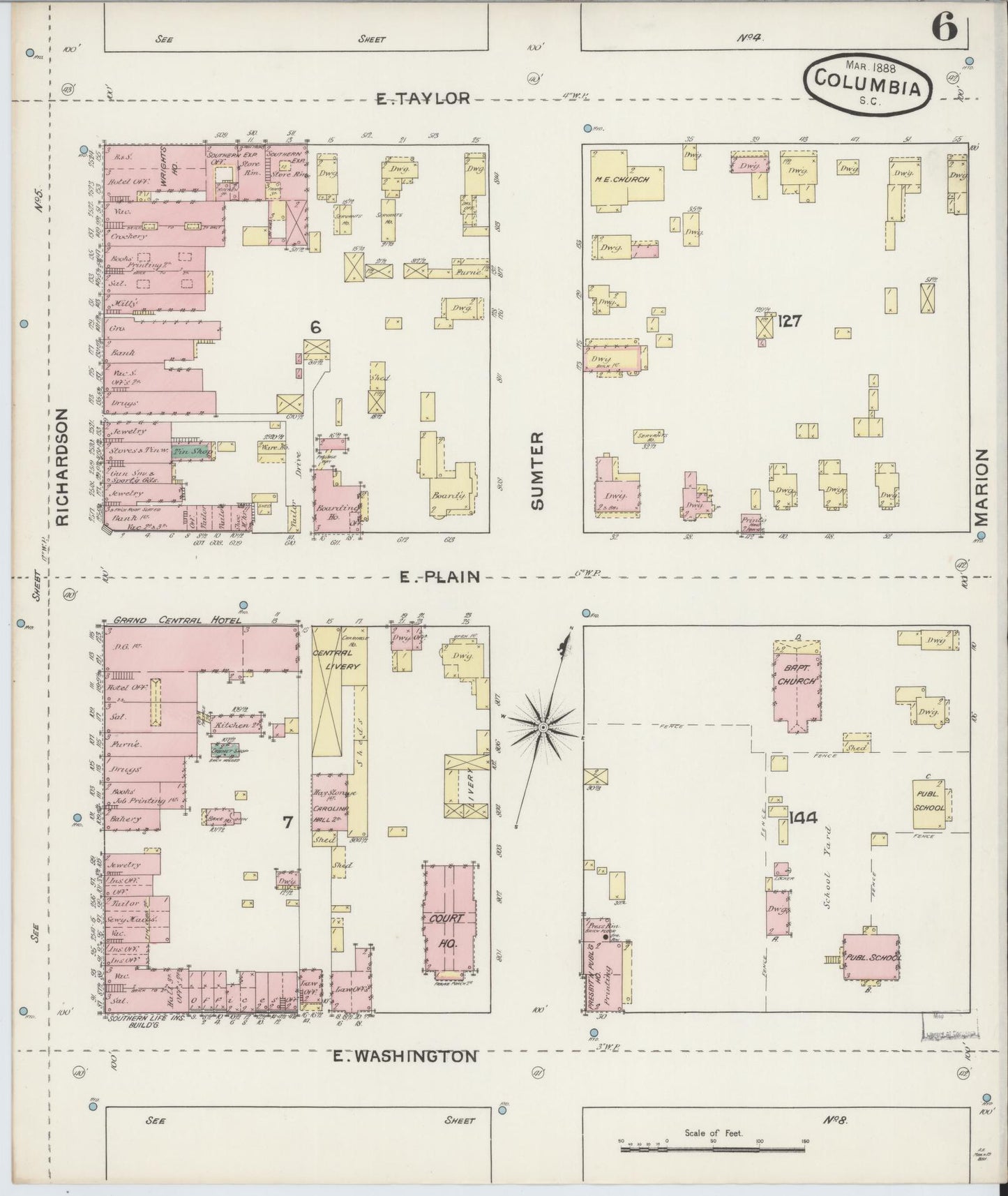 Sanborn Fire Insurance Map from Columbia, Richland County, South Carolina (1888), Sheet #0006 - Historic Sanborn Fire Insurance Map Print, vintage old map wall art, antique decor, genealogy gift, South Carolina South Carolina map