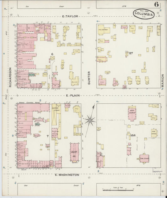 Sanborn Fire Insurance Map from Columbia, Richland County, South Carolina (1888), Sheet #0006 - Historic Sanborn Fire Insurance Map Print, vintage old map wall art, antique decor, genealogy gift, South Carolina South Carolina map